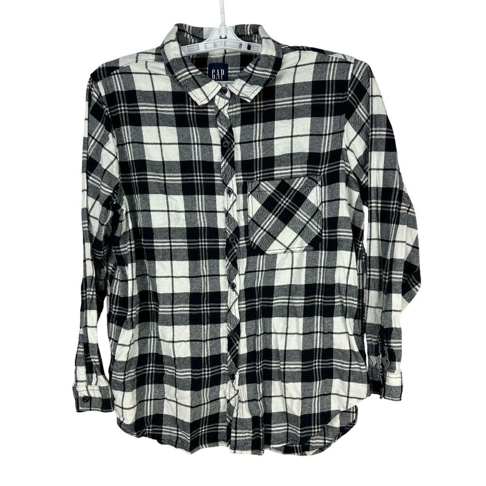 Gap Womens Black & White Plaid Button Flannel Shirt XL Long Sleeve Casual Cotton